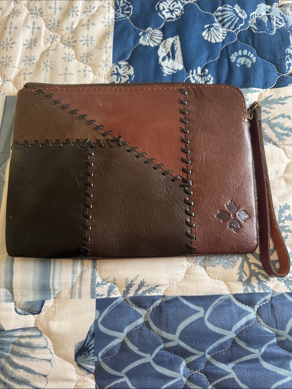 Handcrafted Patchwork Leather Wristlet Clutch - Brown Multi